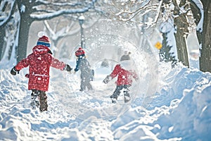 snow-covered park, where children are engaged in a spirited snowball fight.