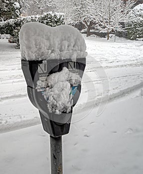 Snow covered parking meter resembles face