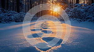 Snow-covered path in the forest at sunset with footsteps in the fresh snow