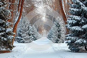 A snow-covered path leads through a dense forest, with tall trees and branches covered in a thick blanket of snow, Evergreen