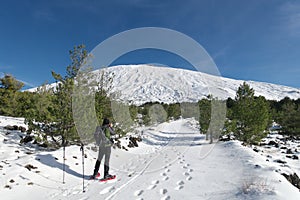 Snow Covered Path To Etna Mount, Hiker Take A Picture, Sicily