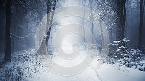 Snow-Covered Path Winding Through a Misty Forest