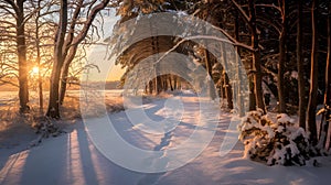 Snow Covered Path Through Winter Forest at Sunset