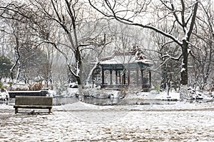 Snow covered pavilion