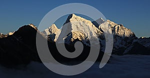 Snow covered peaks of Mt Ama Dablam, Cholatse, Taboche and Tobuche