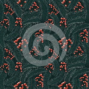 Snow-covered pine branches and red berries. Seamless pattern on a green background. Winter elements