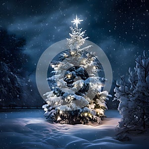 Snow-covered pine tree - Christmas tree with lights in a winter night scene. Xmas tree as a symbol of Christmas of the birth of