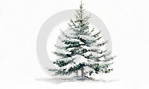 A snow covered pine tree stands alone in a white background