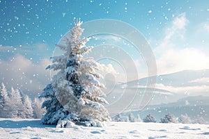 A snow covered pine tree stands tall in a winter wonderland, surrounded by untouched snow, A winter wonderland with a snow-covered