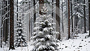 Snow Covered Pine Tree in Winter Forest, Ideal for Embracing Seasons Beauty, Calmness, and Seasonal Articles photo