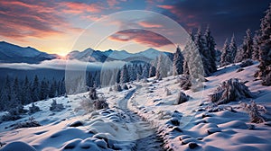 Snow covered pine trees in alpine forest