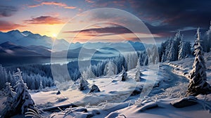 Snow covered pine trees in alpine forest