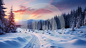 Snow covered pine trees in alpine forest