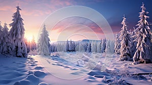 Snow covered pine trees in alpine forest