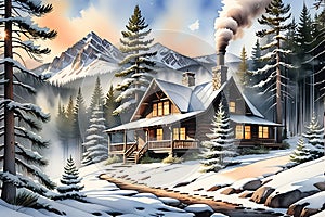 Snow-Covered Pine Trees Framing a Cozy Mountain Cabin, Smoke Rising from Chimney, Early Morning Light