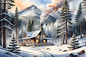 Snow-Covered Pine Trees Framing a Cozy Mountain Cabin, Smoke Rising from Chimney, Early Morning Light