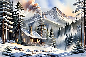 Snow-Covered Pine Trees Framing a Cozy Mountain Cabin, Smoke Rising from Chimney, Early Morning Light