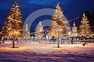 snow-covered pine trees surround an illuminated ice rink