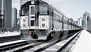 Snow covered railroad track, speeding train, city skyline generated by AI