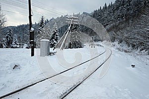 Snow covered railroad tracks near pine forest in the Carpathian mountains