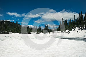 Snow-covered Reflection Lake in Mount Rainier National Park