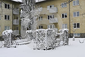 Snow-covered residential building with trees