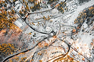 A snow-covered resort town in Poland from a bird`s eye view. Winter landscape from above. Karpacz, Poland