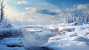 Snow-covered River: A Stunning Uhd Image With Isolated Landscapes