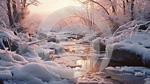 Snow-covered River At Sunrise A Photorealistic Japanese-style Landscape