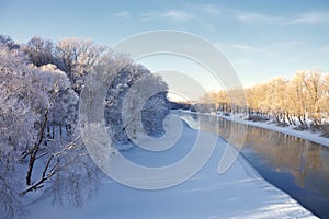 The snow-covered river and trees in hoarfrost