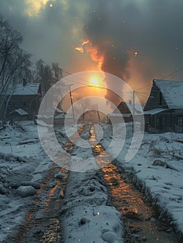 Snow Covered Road With Background Building. Generative AI.