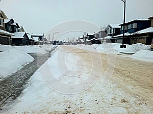 Snow covered road ice on the sidewalk