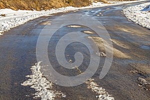 Snow-covered road, the marks of wheels