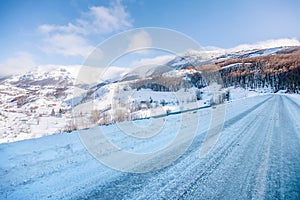 Snow covered road in mountains of Montenegro