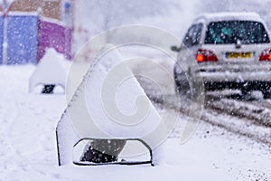 Snow covered road sign on UK motorway Road