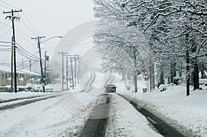 Snow covered road and trees after winter storm