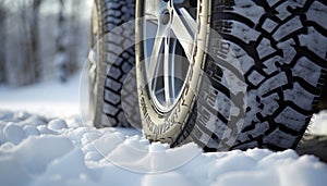 Snow covered road with winter car tires emphasizing their importance for safe driving