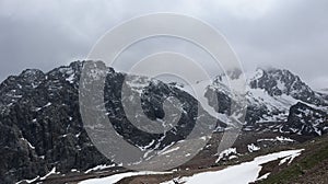 Snow-covered and rocky mountains of the Zailiyskiy Alatau.