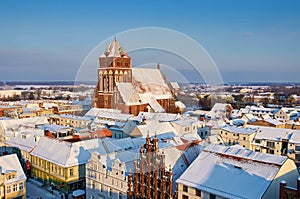 snow covered roof in old town of Greifswald