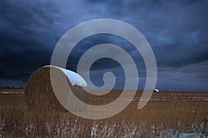 Snow covered round bale of hay in a farmers field