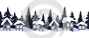 Snow-covered rural houses with fir trees. Winter background, seamless border vector