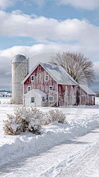Snow-covered rustic red barn and silo in winter countryside landscape