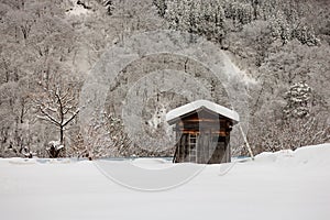 Snow covered rustic wooden tool shed in white winter landscape