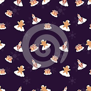 Snow covered Santa Claus, gingerbread man, house with chimney, snowflake seamless repeat pattern for packaging, textile, gift