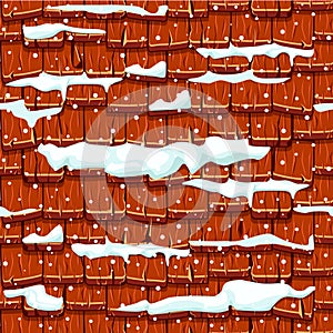 Snow covered Seamless Old Red Wood Roof Tiles. Vector winter stone background.