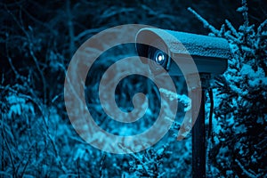 A Snow-Covered Security Camera in a Forest at Night