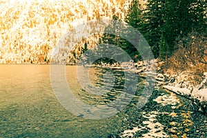 Snow covered shore of a mountain lake