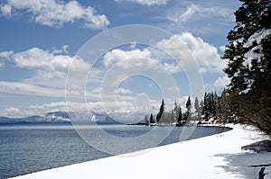 Snow covered shoreline at Lake Tahoe, California