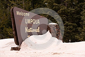 The Snow Covered Sign Says Welcome to Umpqua Nationa Forest