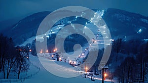 A snow-covered ski slope at night illuminated by artificial lights, showing skiers gliding down the slope, Illuminated ski slopes